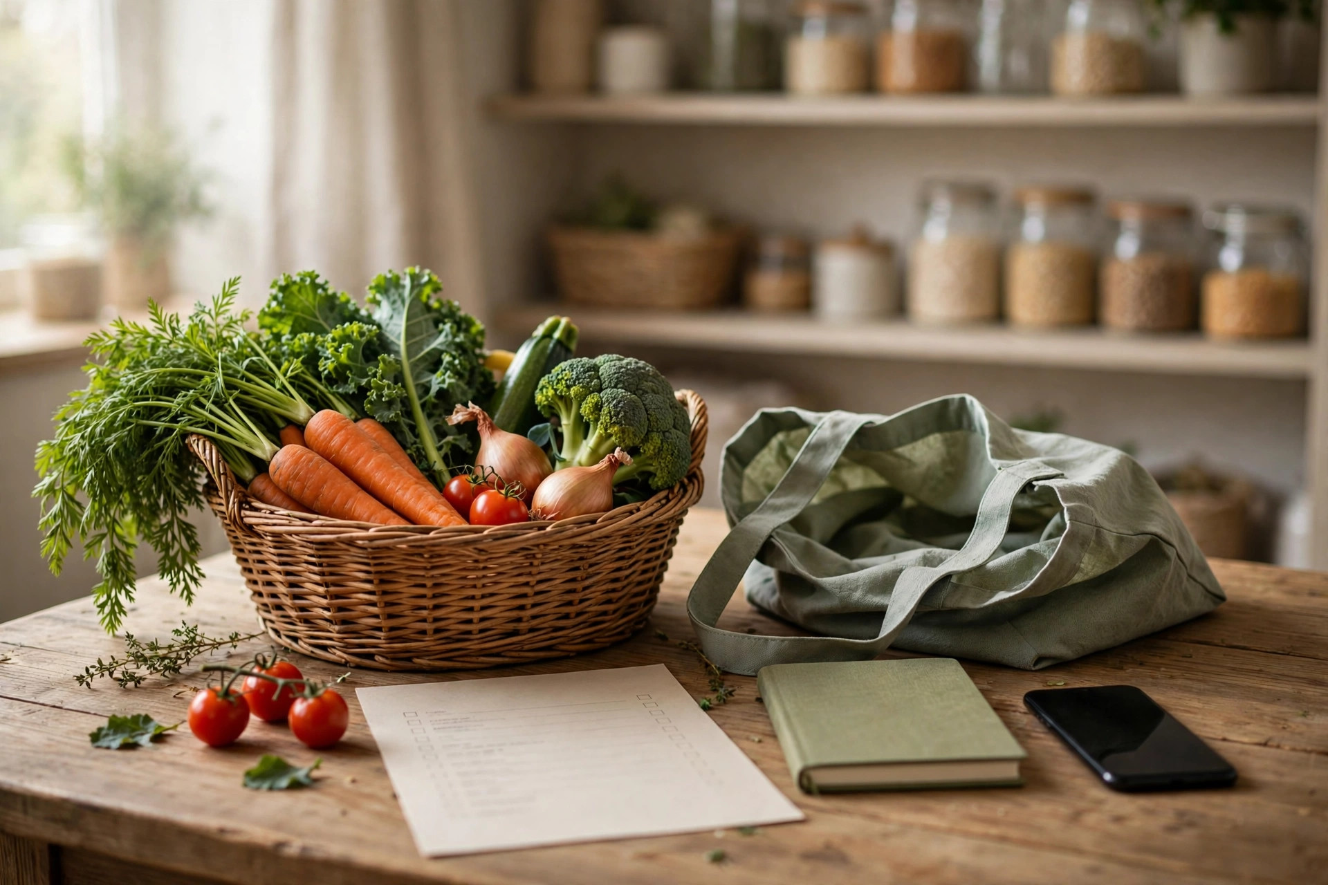 A grocery shop with a handwritten list, a basket of vegetables and a phone showing a simple list