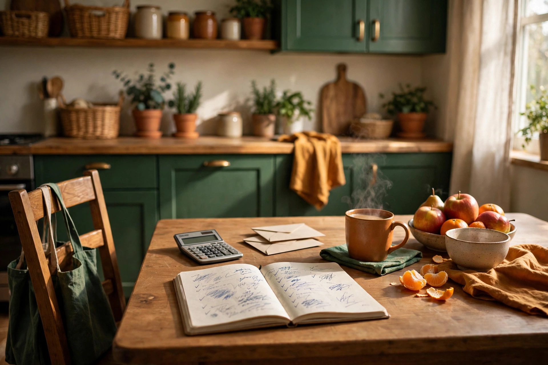 A family kitchen table with a notebook, a calculator, grocery bags and a mug, in soft morning light